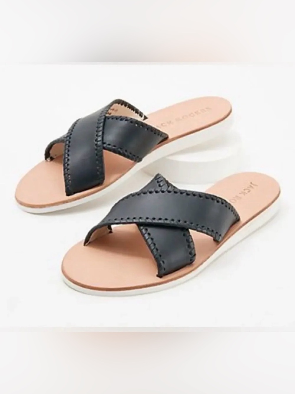 Jack Rogers | Black Leather Crisscross Slide Sandals, 10